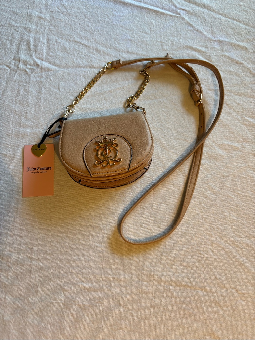 Juicy Couture Taupe Crossbody with Gold Crest and Chain